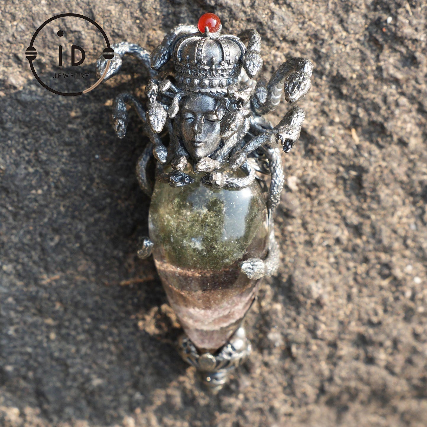 Medusa’s Gaze Pendant, 925 Sterling Silver, phantom quartz, Handcrafted Mythical Jewelry, Unique Statement Piece