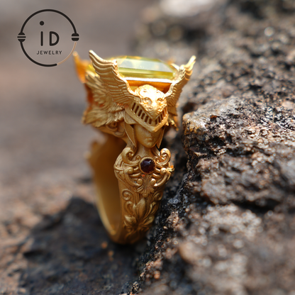 Valkyrie Oath Ring · Handmade Norse Gold Ring with Citrine & Ruby · Symbol of Courage, Strength Loyalty · Nordic Goddess Design