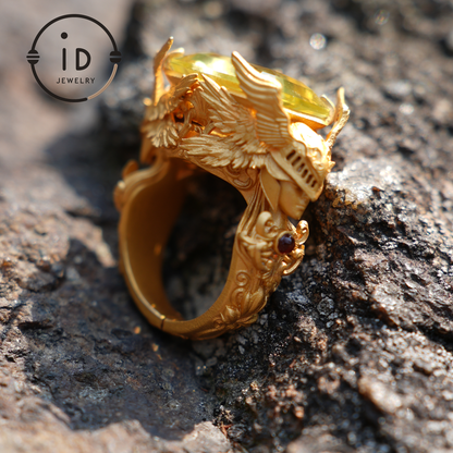 Valkyrie Oath Ring · Handmade Norse Gold Ring with Citrine & Ruby · Symbol of Courage, Strength Loyalty · Nordic Goddess Design