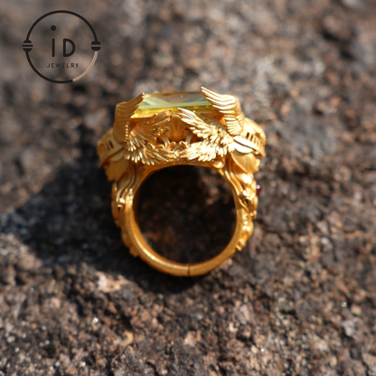 Valkyrie Oath Ring · Handmade Norse Gold Ring with Citrine & Ruby · Symbol of Courage, Strength Loyalty · Nordic Goddess Design