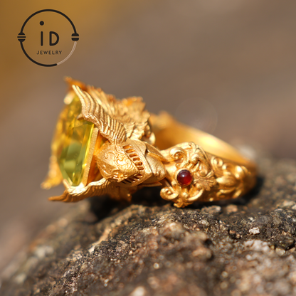 Valkyrie Oath Ring · Handmade Norse Gold Ring with Citrine & Ruby · Symbol of Courage, Strength Loyalty · Nordic Goddess Design