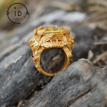 Valkyrie Oath Ring · Handmade Norse Gold Ring with Citrine & Ruby · Symbol of Courage, Strength Loyalty · Nordic Goddess Design