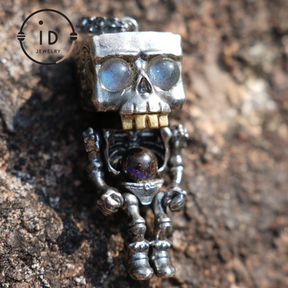 Memento Mori Skull Pendant | 925 Silver with Labradorite & Iron Opal | Gothic Talisman for Spiritual Awakening