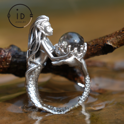 925 Sterling Silver Mermaid Ring with Phantom Crystal – Handmade Fantasy Jewelry for Fantasy Lovers
