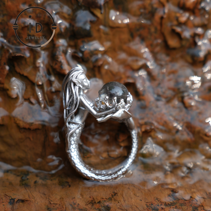 925 Sterling Silver Mermaid Ring with Phantom Crystal – Handmade Fantasy Jewelry for Fantasy Lovers