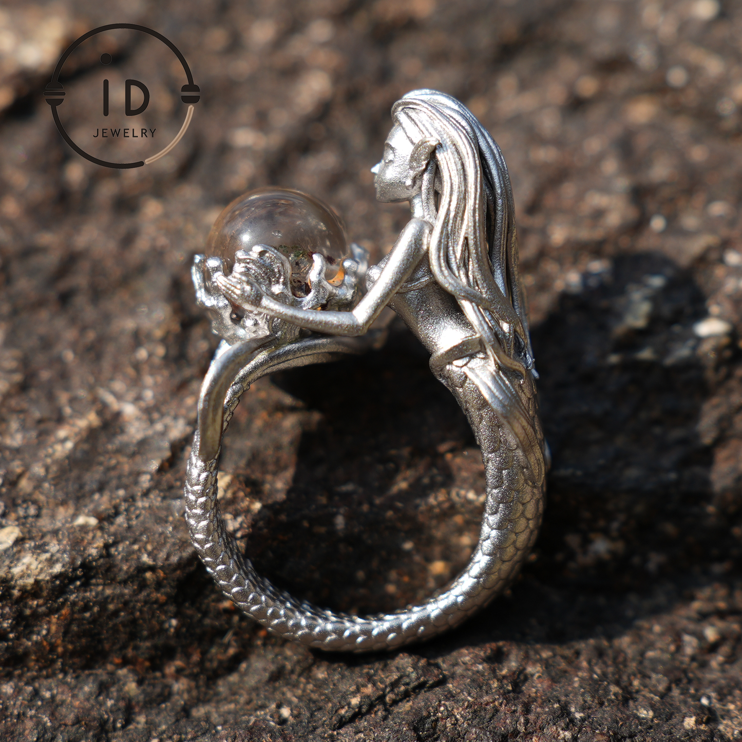 925 Sterling Silver Mermaid Ring with Phantom Crystal – Handmade Fantasy Jewelry for Fantasy Lovers