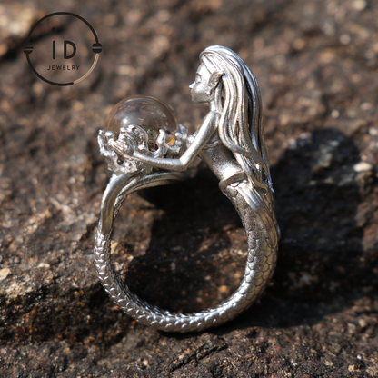 925 Sterling Silver Mermaid Ring with Phantom Crystal – Handmade Fantasy Jewelry for Fantasy Lovers