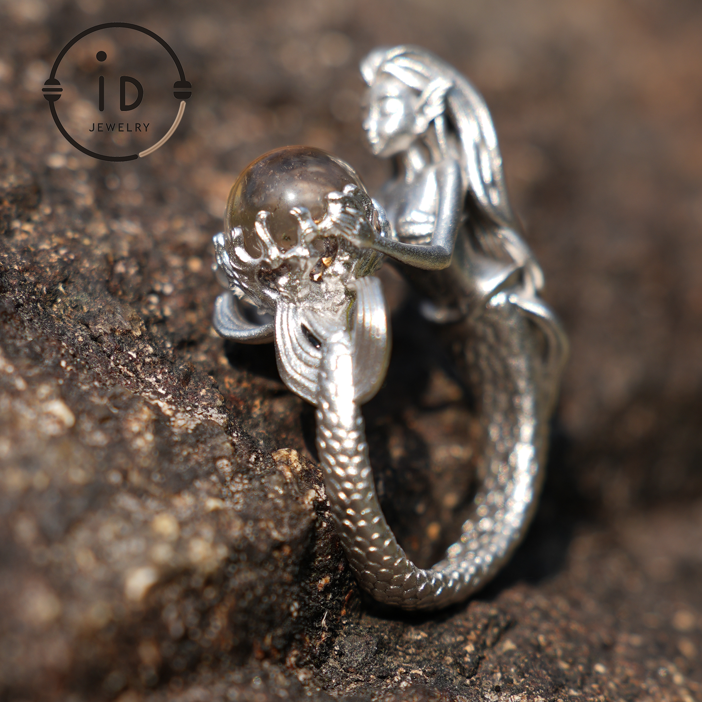 925 Sterling Silver Mermaid Ring with Phantom Crystal – Handmade Fantasy Jewelry for Fantasy Lovers