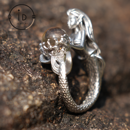 925 Sterling Silver Mermaid Ring with Phantom Crystal – Handmade Fantasy Jewelry for Fantasy Lovers