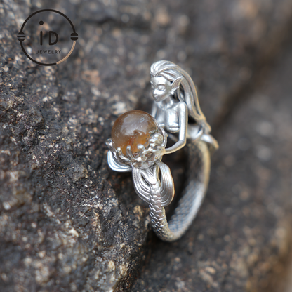 925 Sterling Silver Mermaid Ring with Phantom Crystal – Handmade Fantasy Jewelry for Fantasy Lovers