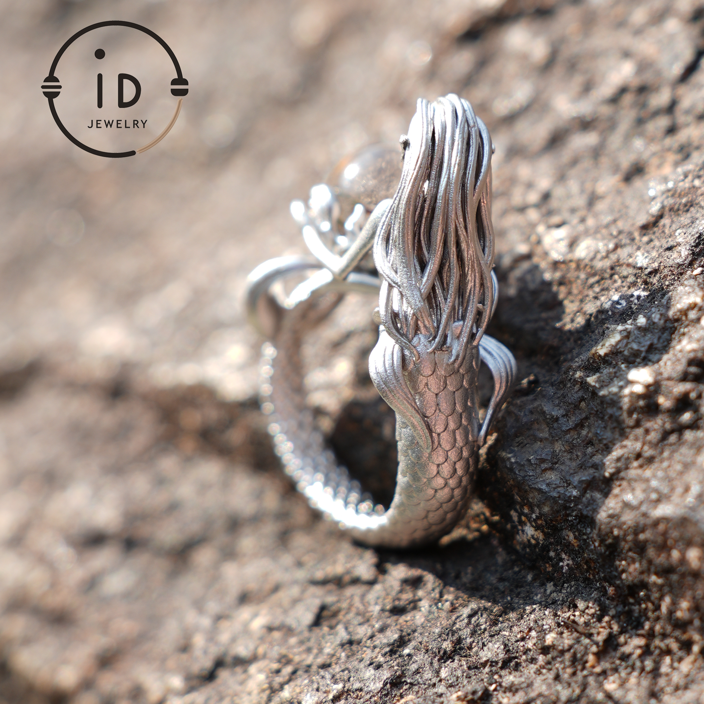 925 Sterling Silver Mermaid Ring with Phantom Crystal – Handmade Fantasy Jewelry for Fantasy Lovers