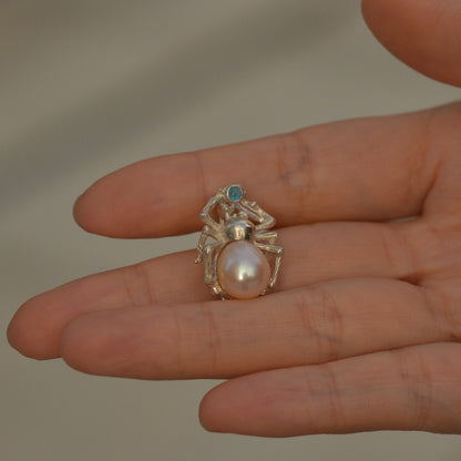 925 Silver Spider Brooch Pendant | Pearl & Topaz Gothic Jewelry | Handmade Mythic Talisman Gift for Her or Him