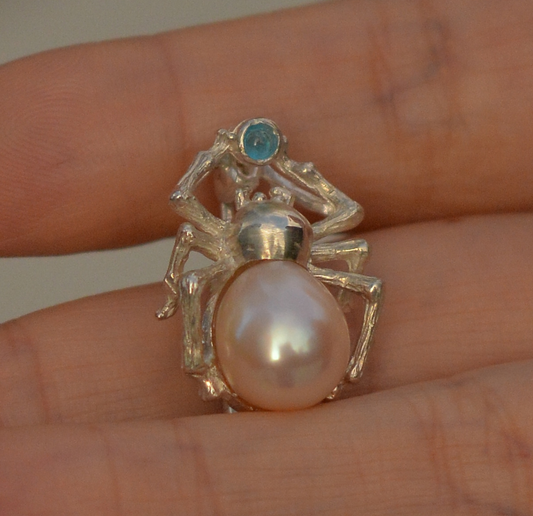 925 Silver Spider Brooch Pendant | Pearl & Topaz Gothic Jewelry | Handmade Mythic Talisman Gift for Her or Him