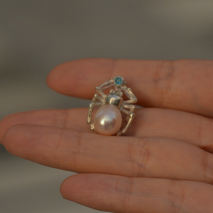 925 Silver Spider Brooch Pendant | Pearl & Topaz Gothic Jewelry | Handmade Mythic Talisman Gift for Her or Him