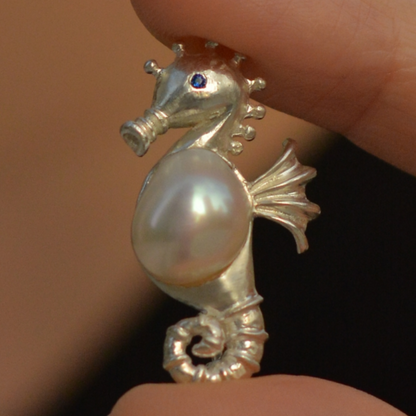 925 Silver Seahorse Pendant | Sapphire & Pearl Totem Necklace | Handmade Ocean Jewelry Gift for Her or Birthday
