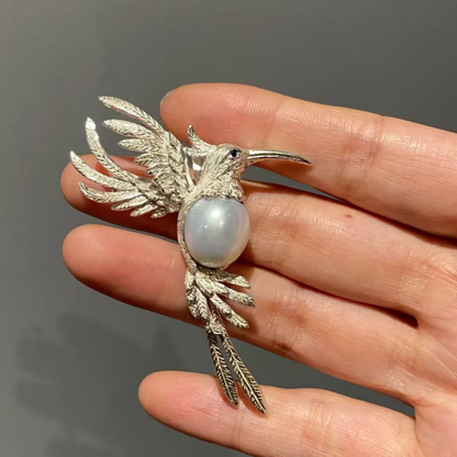 925 Silver Hummingbird Brooch Pendant | Pearl Totem Jewelry | Handmade Nature Amulet Gift for Women