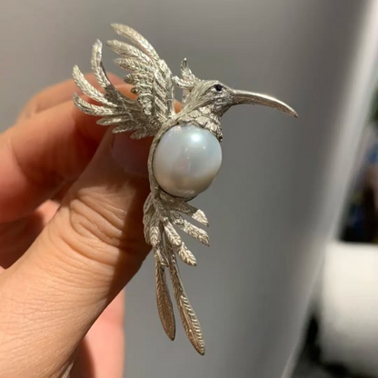 925 Silver Hummingbird Brooch Pendant | Pearl Totem Jewelry | Handmade Nature Amulet Gift for Women