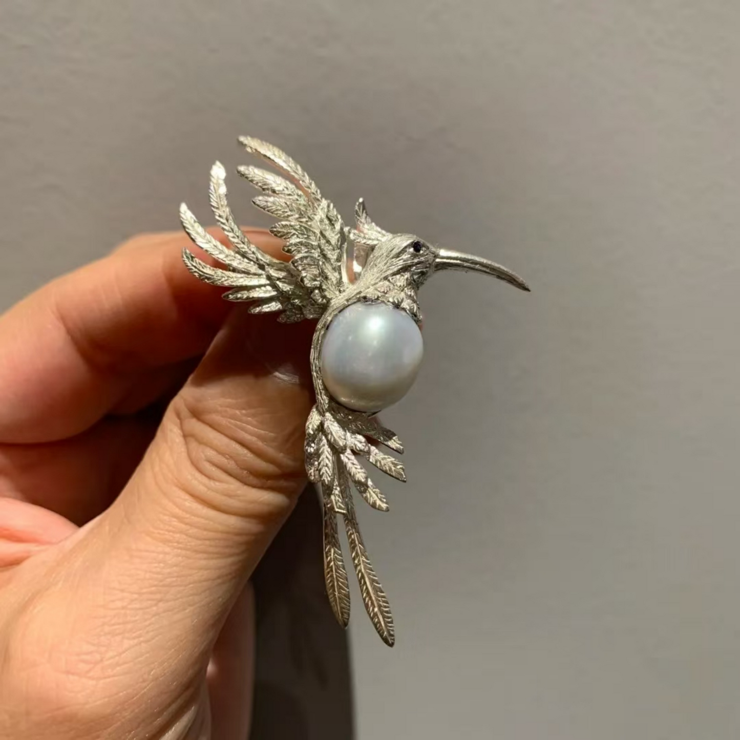 925 Silver Hummingbird Brooch Pendant | Pearl Totem Jewelry | Handmade Nature Amulet Gift for Women