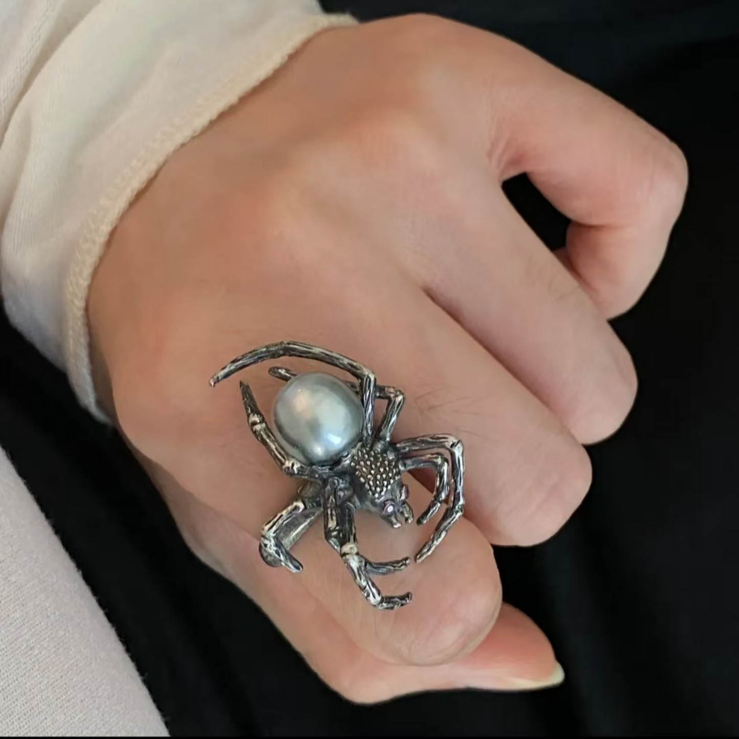 925 Silver Spider Ring | Gothic Pearl Ruby Jewelry | Handmade Witchcore Gift for Her or Him