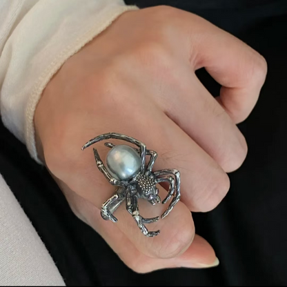 925 Silver Spider Ring | Gothic Pearl Ruby Jewelry | Handmade Witchcore Gift for Her or Him