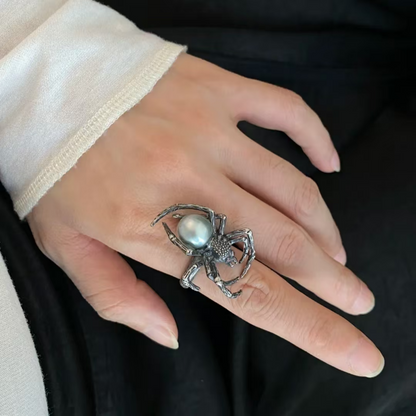 925 Silver Spider Ring | Gothic Pearl Ruby Jewelry | Handmade Witchcore Gift for Her or Him