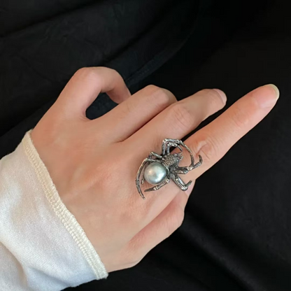 925 Silver Spider Ring | Gothic Pearl Ruby Jewelry | Handmade Witchcore Gift for Her or Him
