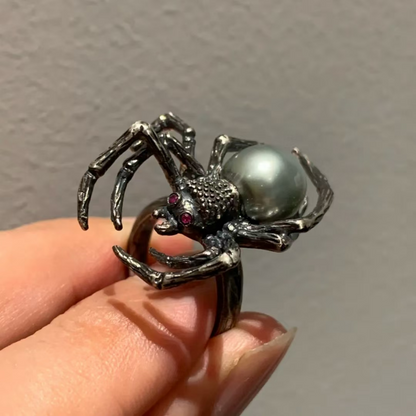 925 Silver Spider Ring | Gothic Pearl Ruby Jewelry | Handmade Witchcore Gift for Her or Him