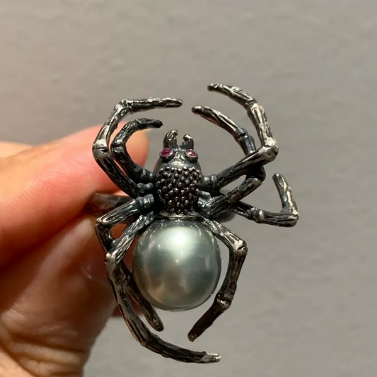 925 Silver Spider Ring | Gothic Pearl Ruby Jewelry | Handmade Witchcore Gift for Her or Him