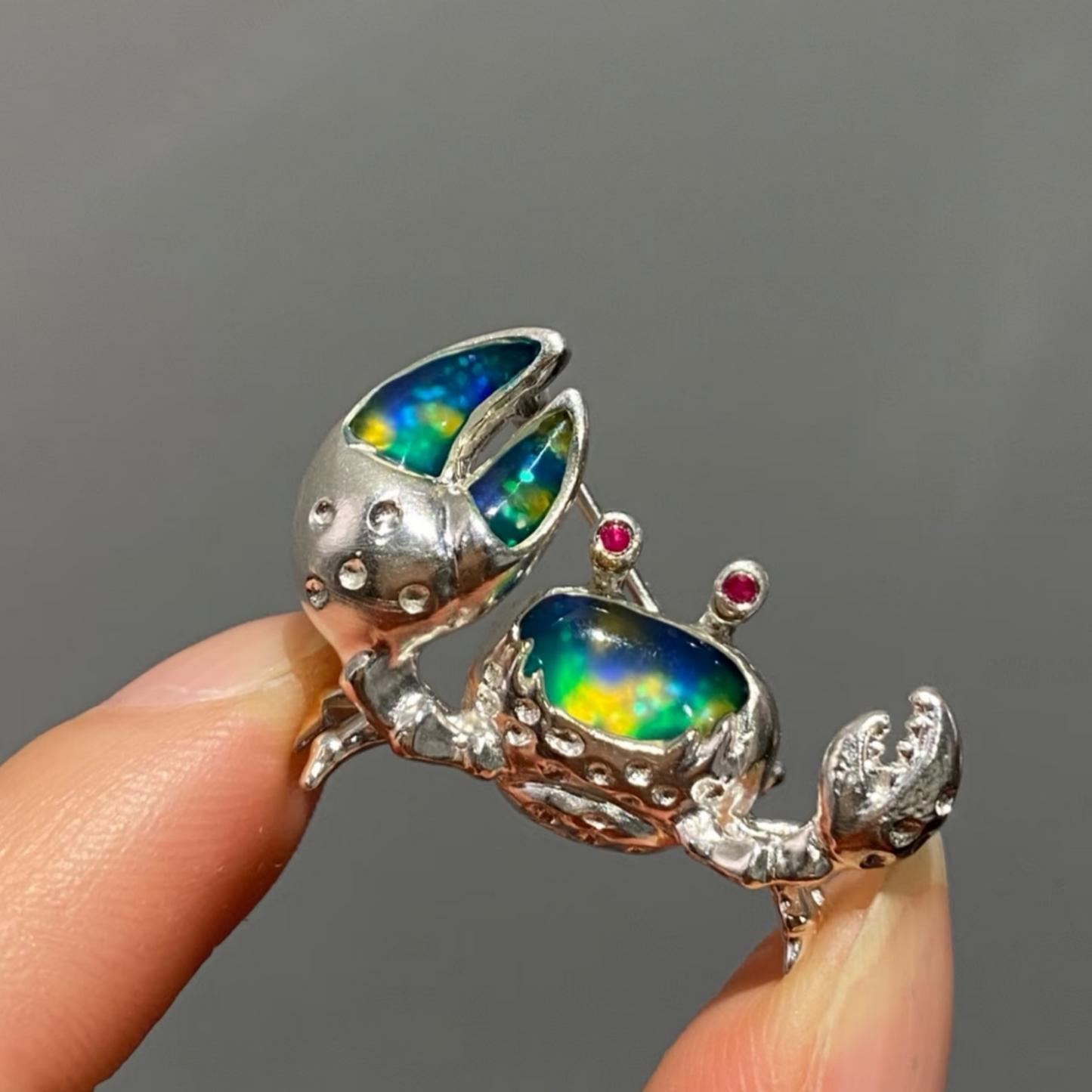 925 Silver Enamel Crab Brooch Pendant | Ruby Eyes Zodiac Jewelry | Handmade Ocean Amulet Gift for Cancer Sign