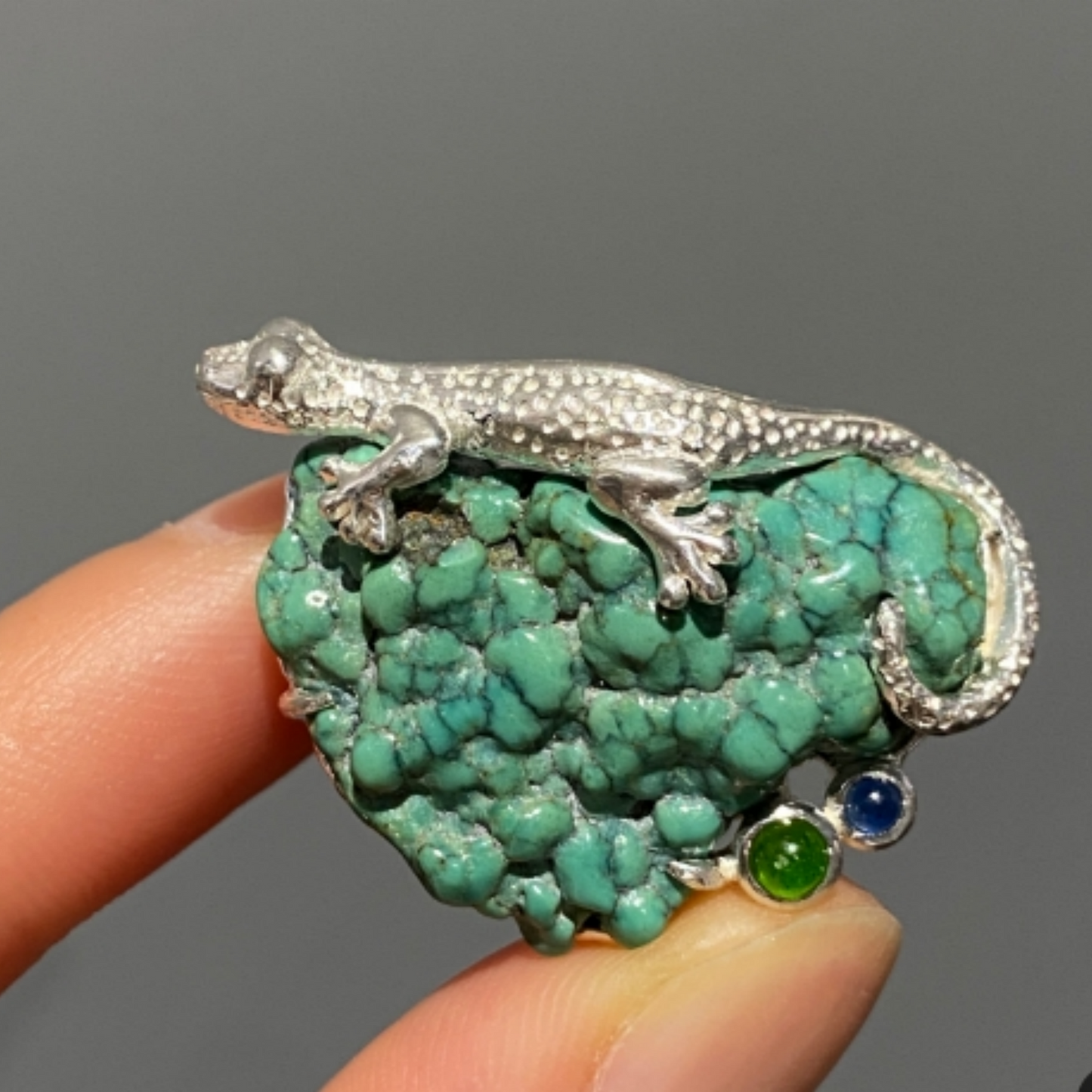 925 Silver Lizard Brooch Pendant | Turquoise Spiritual Amulet | Handmade Totem Jewelry Gift for Dreamers & Friends