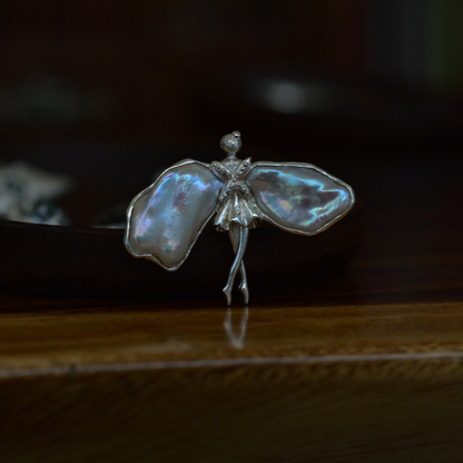 925 Silver Fairy Brooch Pendant | Pearl Butterfly Wings | Handmade Nature Amulet Gift for Women