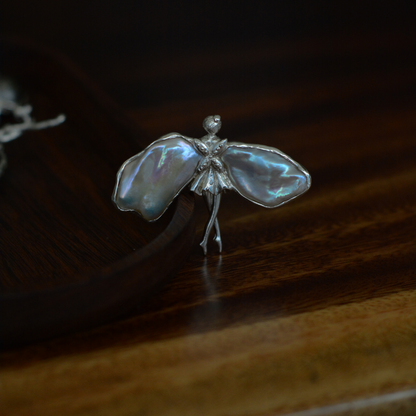 925 Silver Fairy Brooch Pendant | Pearl Butterfly Wings | Handmade Nature Amulet Gift for Women