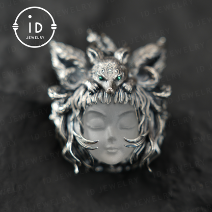 Handcrafted 925 Sterling Silver Fox Spirit Pendant with White Crystal – Mystical Fantasy Amulet Necklace for Witchy or Gothic Gift