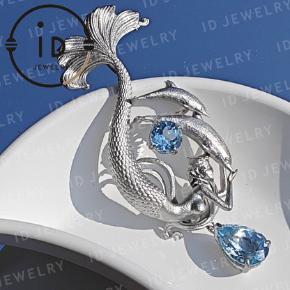 Dreamy Ocean Mermaid Pendant in 925 Silver with Aquamarine – Unique Jewelry for Ocean Lovers and Collectors