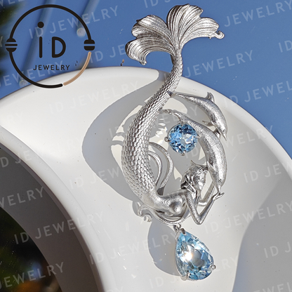 Dreamy Ocean Mermaid Pendant in 925 Silver with Aquamarine – Unique Jewelry for Ocean Lovers and Collectors