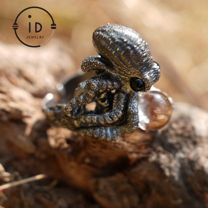 925 Sterling Silver Octopus Design Ring with Phantom Stone – Handcrafted Fantasy Jewelry for Collectors