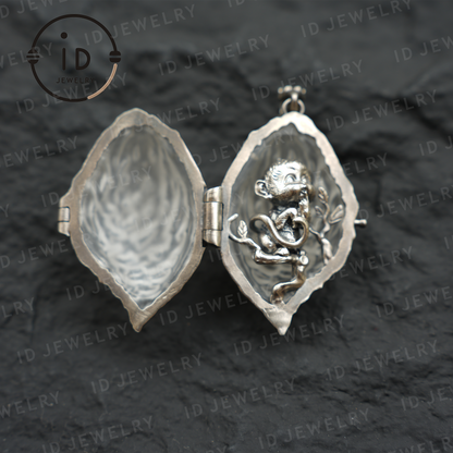 Openable Crystal Peach Pendant | Monkey Spirit Amulet | 925 Silver Jewelry | Handmade Fantasy Talisman | Spiritual Gift for Her