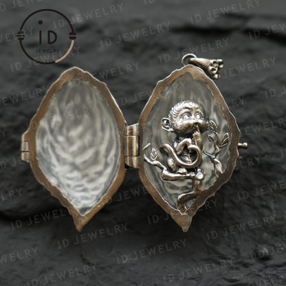 Openable Crystal Peach Pendant | Monkey Spirit Amulet | 925 Silver Jewelry | Handmade Fantasy Talisman | Spiritual Gift for Her