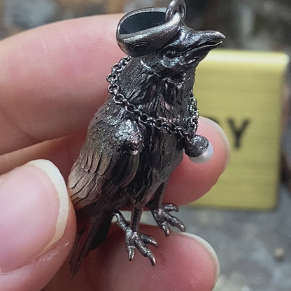 Handmade Raven Pendant with Freshwater Pearl, Oxidized 925 Silver, Gothic Animal Jewelry, Symbolic Necklace, Gift for Her