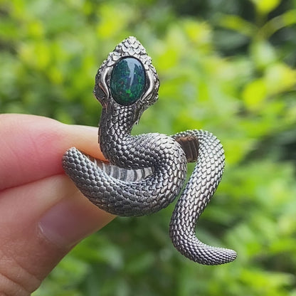 Opal Snake Ring Silver Gothic Adjustable Totem Jewelry Gift for Her Vintage Style Serpent Gemstone Ring Nature Inspired Statement