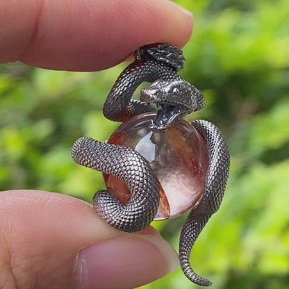 Snake Pendant in 925 Sterling Silver with Lodolith Quartz, Oxidized Gothic Style Amulet Necklace Gift for Him Birthday or Christmas