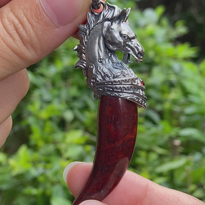 Garnet Pendant Horse Tooth 925 Silver Totem Jewelry Oxidized Necklace Gift for Him Gothic Style Talisman Men’s Vintage Look