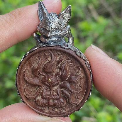 Fox Pendant in Sterling Silver and Carved Agarwood in Totem Witchcore Style – Spiritual Necklace, Birthday Gift for Her, Handmade Amulet