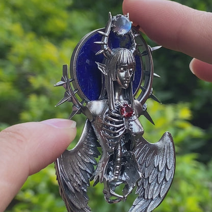 Silver Pendant with Garnet and Lapis Lazuli, Handcrafted Gothic Winged Jewelry, Fantasy Amulet Necklace Gift for Men and Collectors