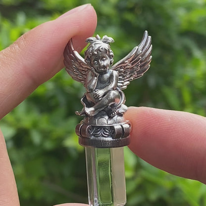 Gothic pendant with clear quartz crystal in 925 sterling silver, winged seated figure in vintage style, spiritual necklace gift for women