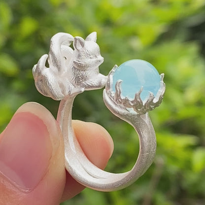 Silver Fox Ring in 925 Silver with Aquamarine Cabochon, Adjustable Statement Ring with Nine-Tailed Fox Design in Naturecore Fairy Style