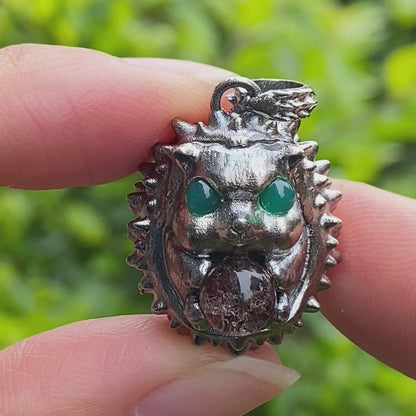 Hedgehog Pendant in 925 Sterling Silver with Phantom Quartz and Green Chalcedony, Oxidized Gothic Vintage Necklace Gift for Him