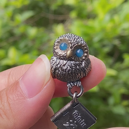 Owl Pendant with Blue Chalcedony in Oxidized 925 Silver Necklace Gothic Totem Jewelry Handmade Gift for Women Men Birthday Christmas
