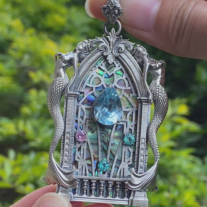 Gothic fantasy pendant with mermaid figure, Swiss blue topaz and abalone in 925 sterling silver, vintage jewelry gift for women