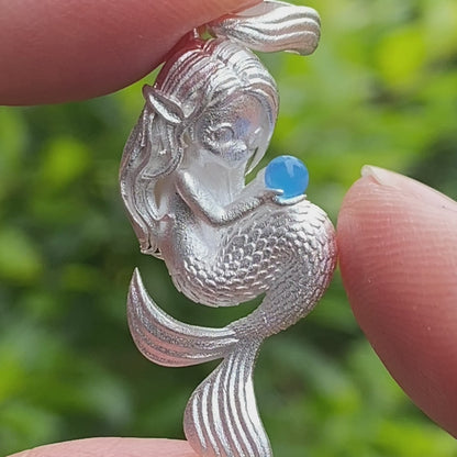 Silver Mermaid Pendant with Blue Chalcedony in 925 Silver, Fairy Fantasy Necklace for Women, Handmade Jewelry Gift for Birthday or Christmas